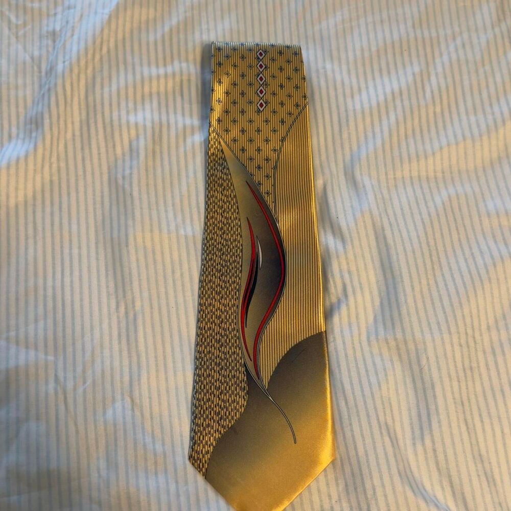 Ben tu Vintage Yellow and Black Geometric Artic Swirl Silk Necktie #preppy